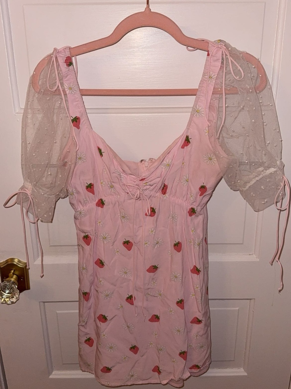 For Love & Lemons Pink Strawberry Print Mini Dress
